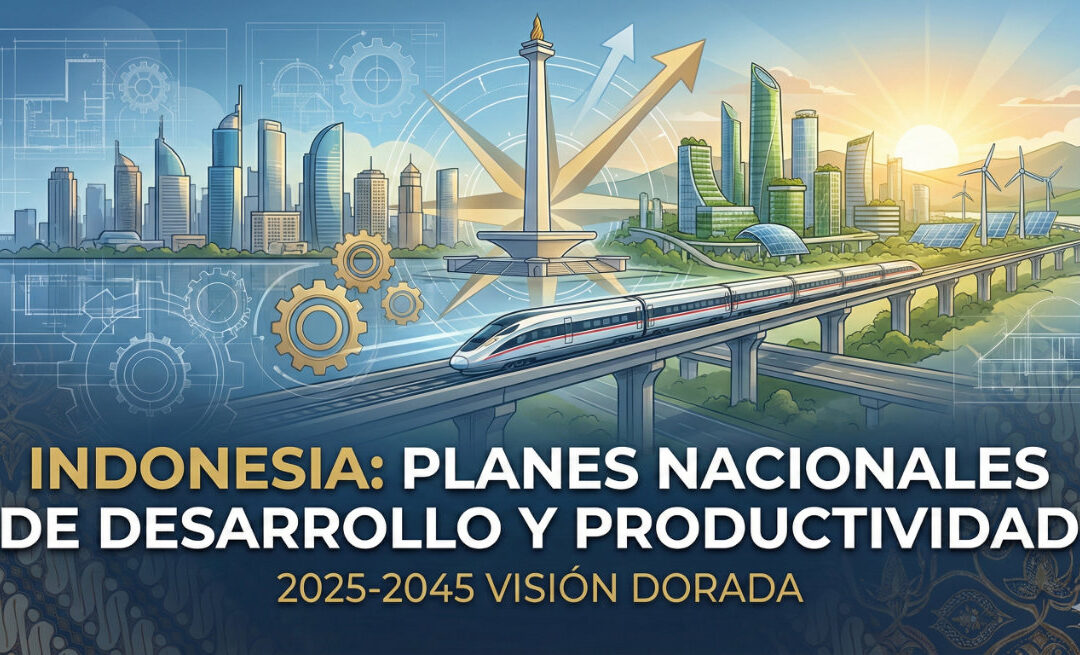 Ilustración futurista que representa la 'Visión Dorada' de Indonesia, mostrando un tren de alta velocidad, una ciudad moderna con energías renovables, el monumento Monas y engranajes industriales. El texto superpuesto dice: 'INDONESIA: PLANES NACIONALES DE DESARROLLO Y PRODUCTIVIDAD 2025-2045 VISIÓN DORADA'.