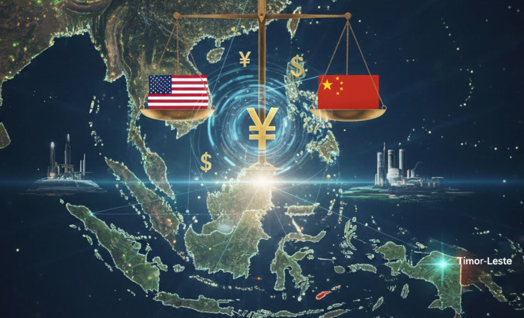 Mapa conceptual de la región de la ASEAN y Asia-Pacífico vista desde el espacio, con una balanza dorada que equilibra la competencia entre Estados Unidos y China, símbolos del dólar y el yuan, y una mención destacada a Timor-Leste.